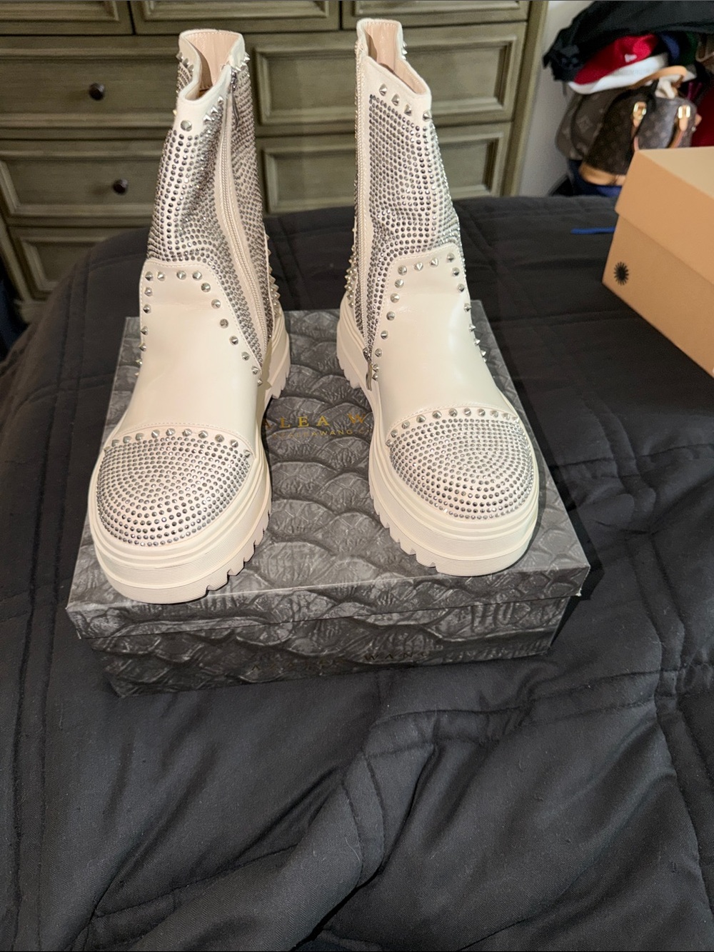 Studded Cream Platform Chelsea Booties with Rhinestone Accents